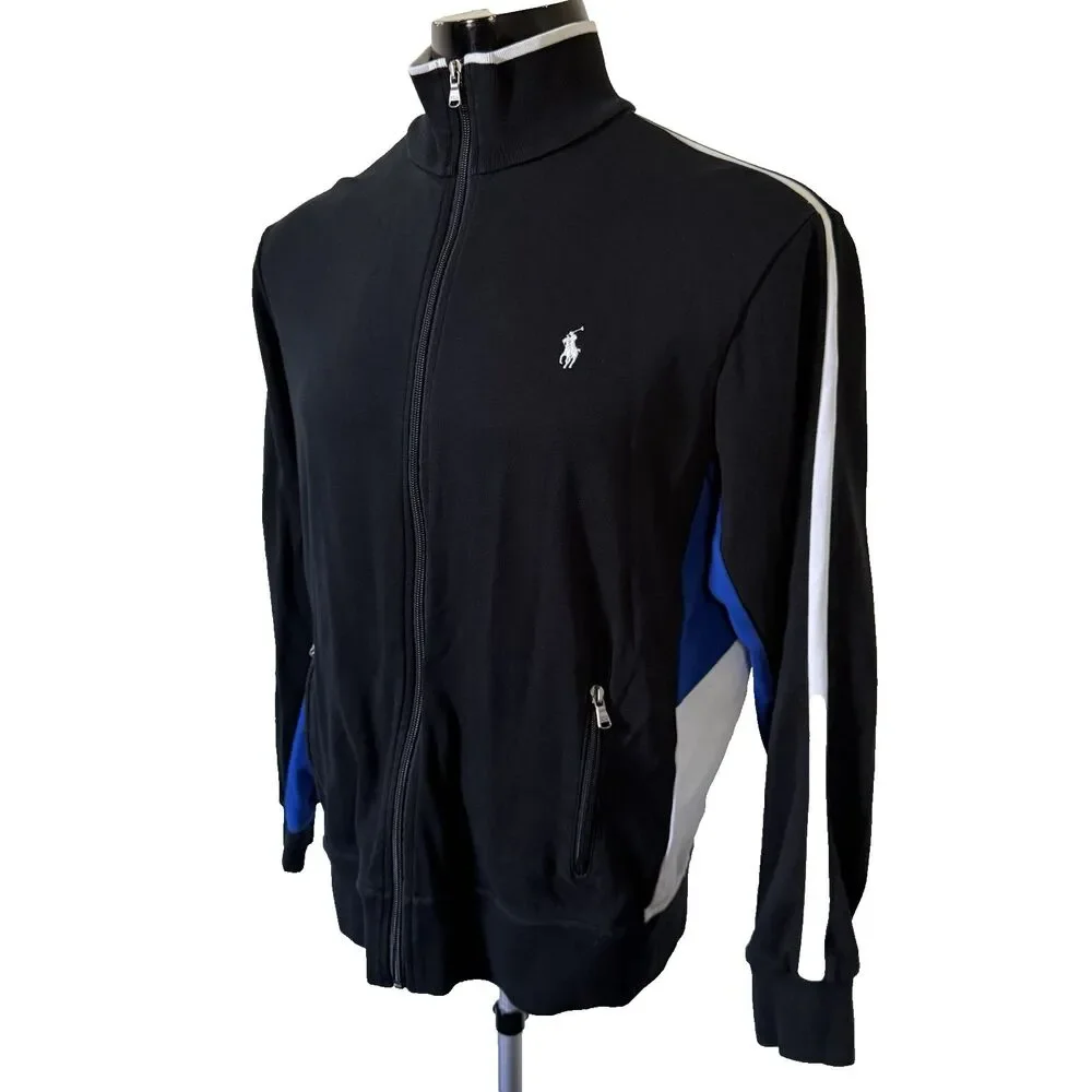 Polo Ralph Lauren Track Jacket Men's Medium M Black Blue Full Zip Interlock Pony